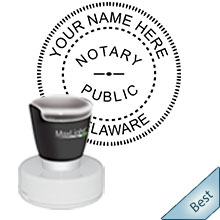 Highest Quality Round Delaware Notary Stamp. Order your Official Round DE Notary stamp today and save! Delaware Round notary stamps ship the next business day with FREE Shipping available. Meets Delaware Notary stamp requirements.