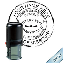 Order your Official Round Missouri Notary  Stamps today and save. Self-Inking Missouri Round Notary stamps ship the next business day with free shipping available. Meets Missouri Notary stamp requirements. Free Pen with every Missouri Notary Store order
