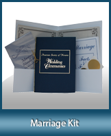 A marriage kit which includes a Marriage Handbook (A step by step guide for performing marriages), Ceremony Scripts, 10 blank marriage keepsake certificates, 10 gold foil seals and a white folder (not shown).
