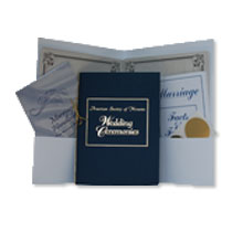 Notary Marriage Kit includes a Marriage Handbook (A step by step guide for performing marriages), Ceremony Scripts, 10 blank marriage keepsake certificates, 10 gold foil seals and a white folder (not shown).