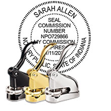 The Best Indiana Notary Desk Embosser. Impress your clients with this Deluxe IN Notary Desk Seal. IN Designer Notary Desk seals ship the next business day with FREE shipping available. Meets Indiana Notary Desk Seal requirements. Free Notary Pen.