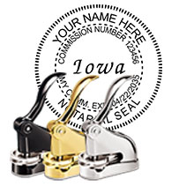 The Best Iowa Notary Desk Embosser. Impress your clients with this Deluxe IA Notary Desk Seal. IA Designer Notary Desk seals ship the next business day with FREE shipping available. Meets Iowa Notary Desk Seal requirements. Free Notary Pen.