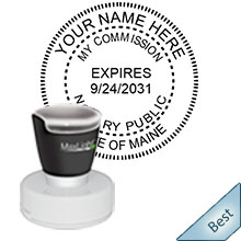 Highest Quality Round Maine Notary Stamp with date. Order your Official Round ME Notary stamp with date today and save! Maine Round notary stamps ship the next business day with FREE Shipping available. Meets Maine Notary stamp requirements.