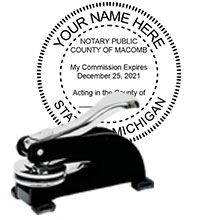 Michigan Notary Desk Seal. Order this Steel-frame MI Notary Desk Embosser today and save! Michigan Notary Desk Seals ship the next business day with FREE Shipping available. Meets Michigan Notary Seal requirements. Free Notary pen with every order.