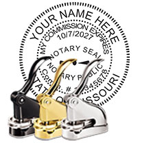 The Best Missouri Notary Desk Embosser. Impress your clients with this Deluxe MO Notary Desk Seal. MO Designer Notary Desk seals ship the next business day with FREE shipping available. Meets Missouri Notary Desk Seal requirements. Free Notary Pen.