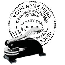 Missouri Notary Desk Seal. Order this Steel-frame MO Notary Desk Embosser today and save! Missouri Notary Desk Seals ship the next business day with FREE Shipping available. Meets Missouri Notary Seal requirements. Free Notary pen with every order.
